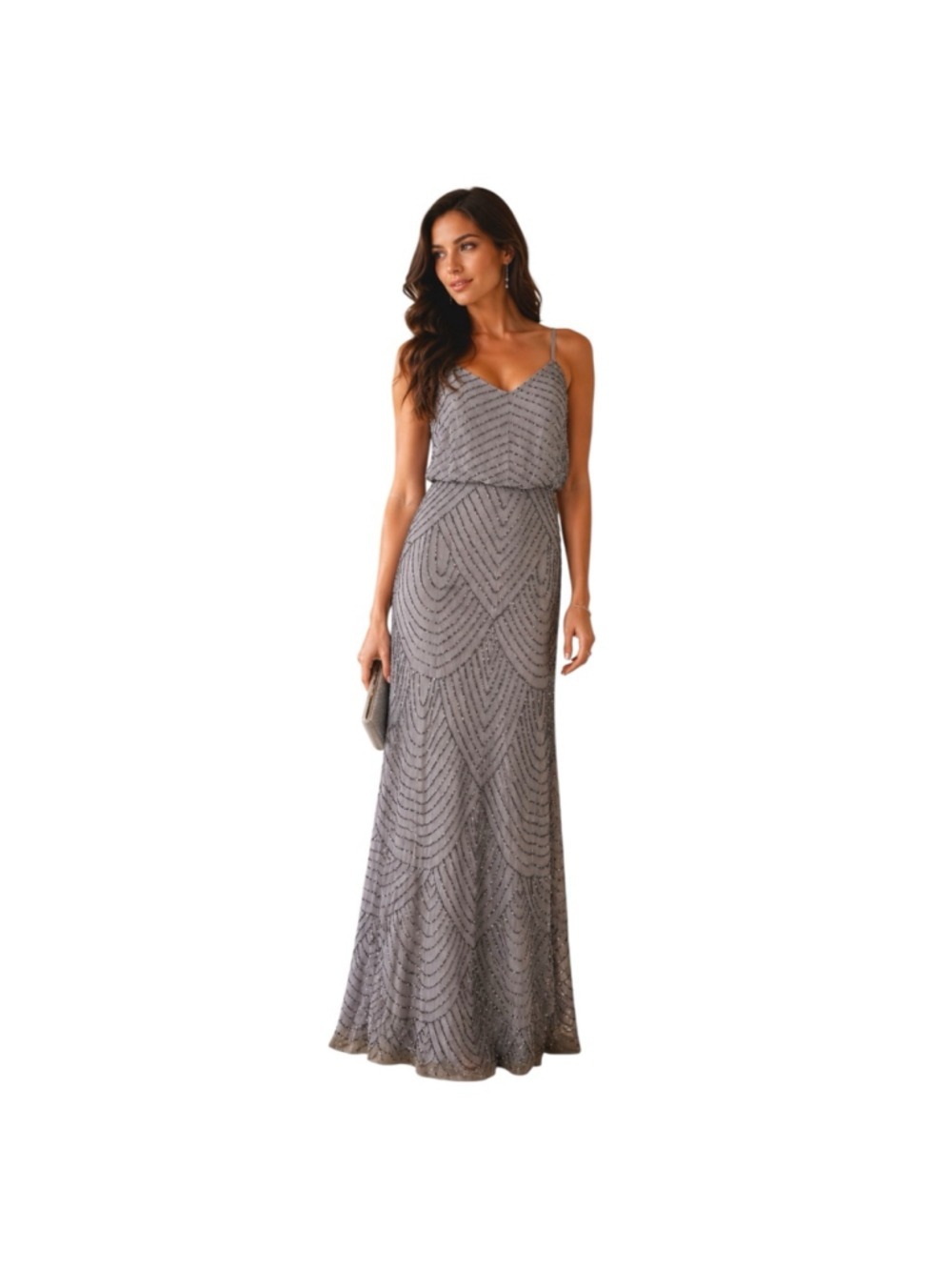 Adrianna Papell Blouson Beaded Gown Silver Gray Size 12 NWT